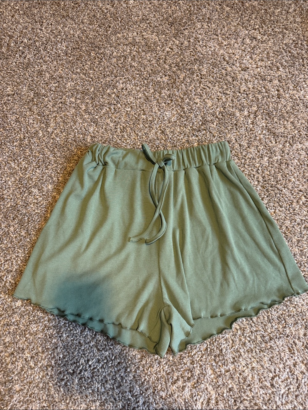 SHEIN Olive Green High-Waist Drawstring Ruffle-Hem Shorts